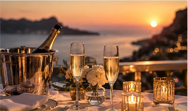Champagne, white roses and candlelight overlooking a sunset by the sea